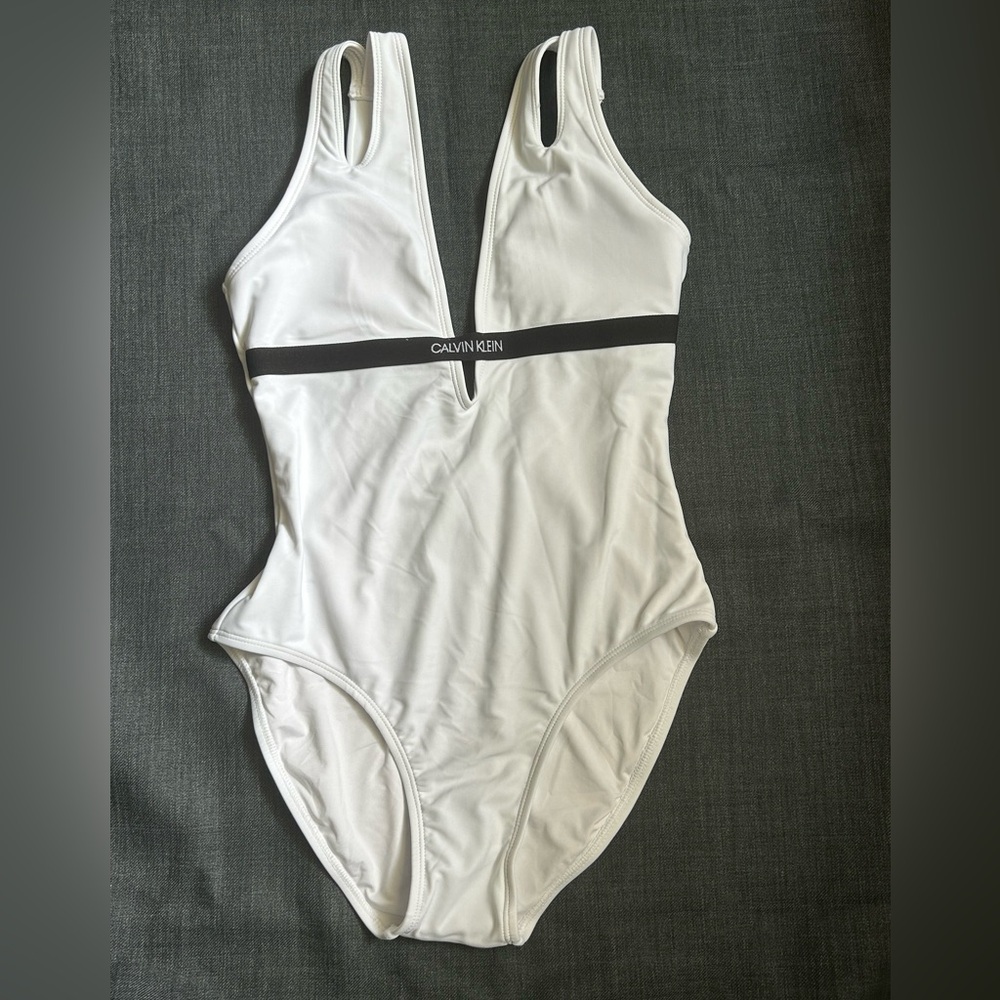Calvin Klein Black and White One-Piece Swimsuit with Halter Straps